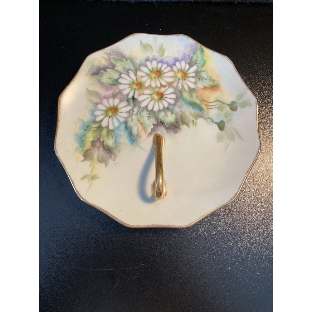 Vintage Hand Painted Porcelain Handled Dish Daisy Floral Gold Trim Signed 1976